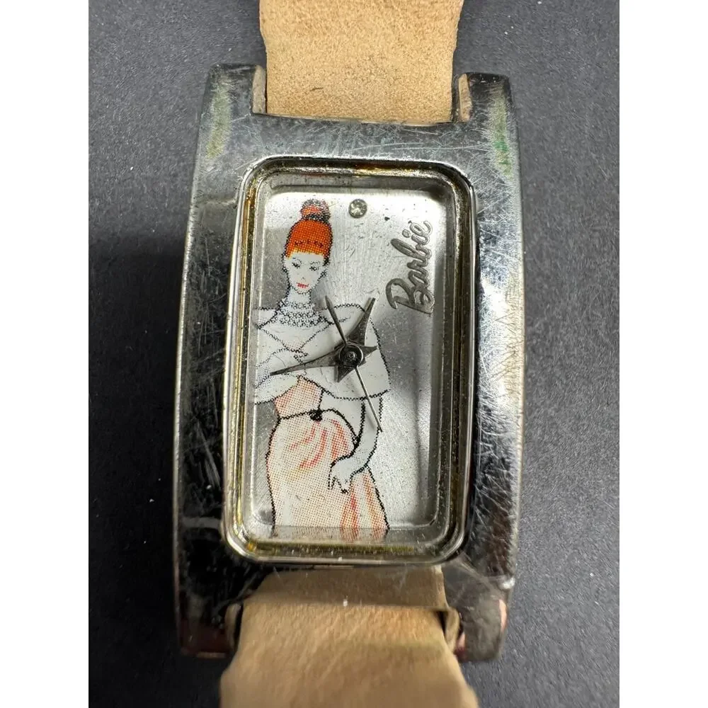 Barbie Silver Tone Watch Rectangle Barbie Doll Dial Brown Leather Band BC0237
